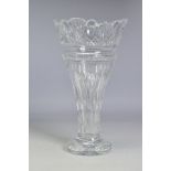 A WATERFORD CRYSTAL FLUTED SHAPED VASE, with crown shaped top, stamped to base, height 32cm