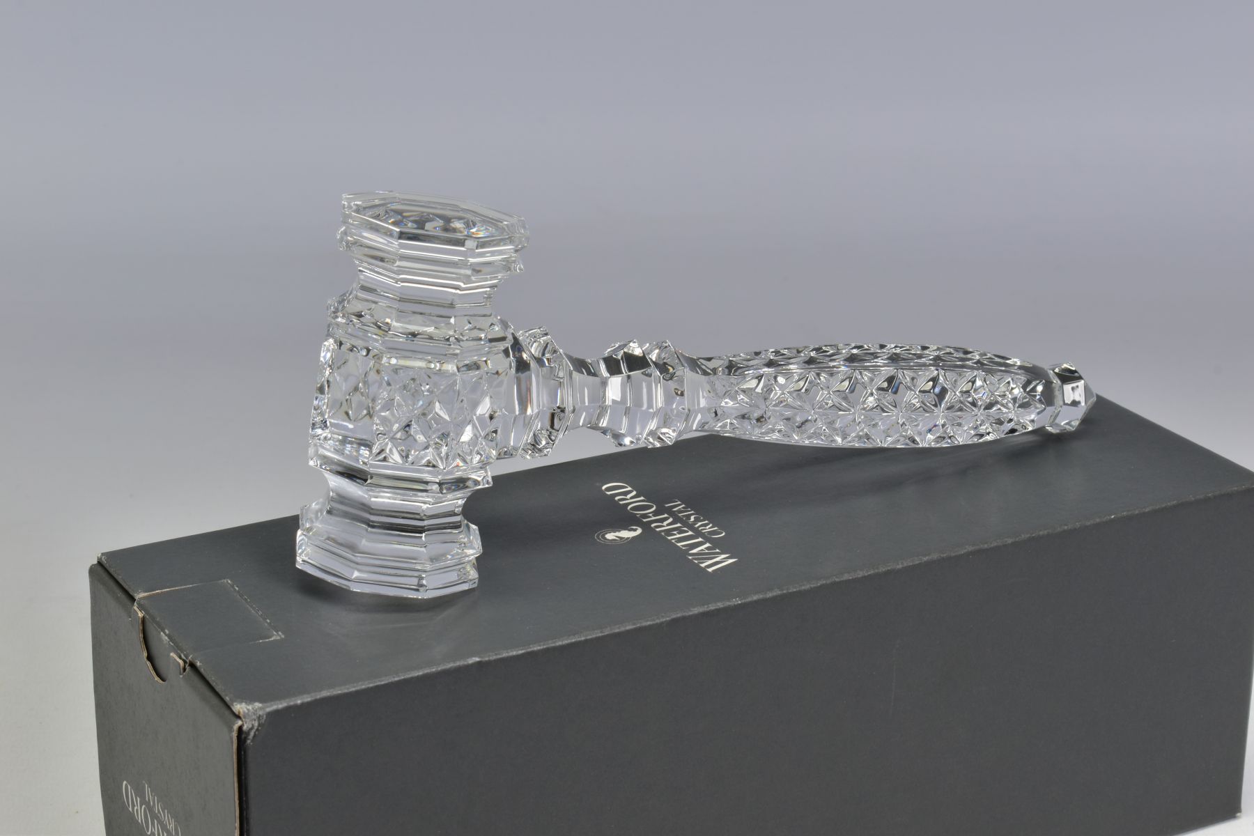 A BOXED WATERFORD CRYSTAL GAVEL, stamped to head, length 20cm