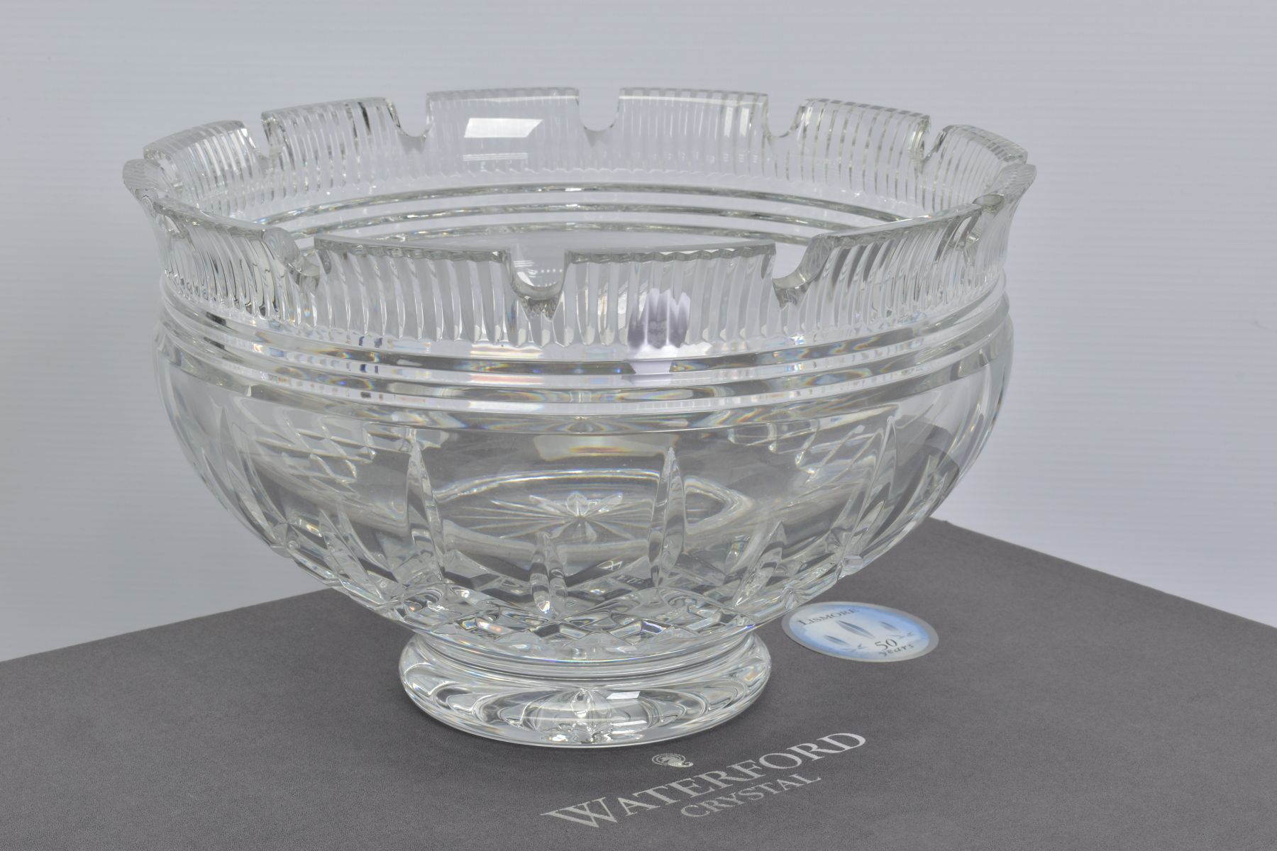 A BOXED WATERFORD CRYSTAL LISMORE CASTLE BOWL, stamped to base, height 15cm x diameter 25cm