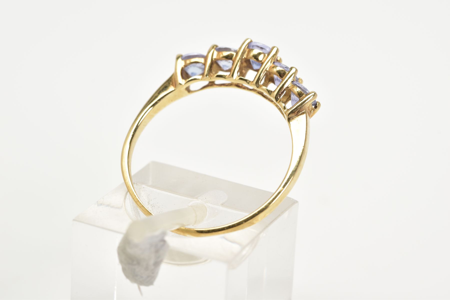 A 9CT GOLD FIVE STONE RING, of half hoop design set with five claw set circular cut amethyst, to the - Image 3 of 3