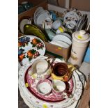 FIVE BOXES AND LOOSE CERAMICS , including assorted tea plates, bowls, meat plates, jugs, egg cups,