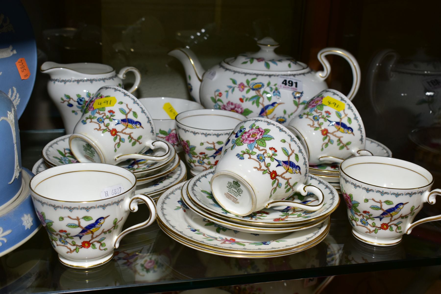 AYNSLEY 'PEMBROKE' TEA WARES, comprising teapot, milk jug, a fluted bowl, six teacups, six saucers