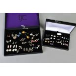 TWO BOXES OF MAINLY WHITE METAL EARRINGS, to include nineteen pairs of white metal drop earrings