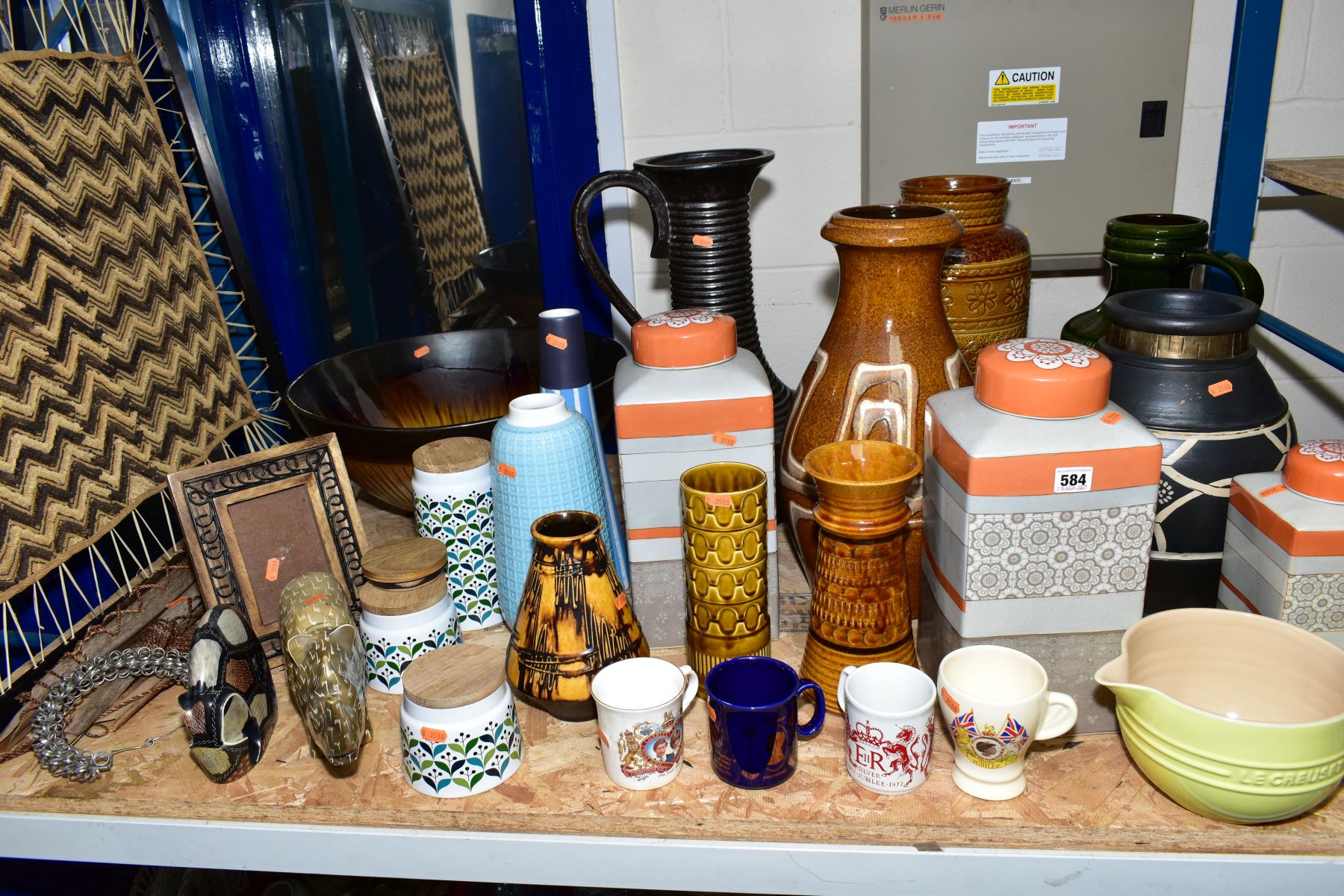 A QUANTITY OF CERAMICS, etc, including a large yellow and peach glazed Le Creuset jug, diameter