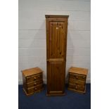 A SLIM MODERN PINE SINGLE DOOR WARDROBE, width 46cm x depth 53cm x height 181cm together with a pair