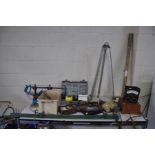 A COLLECTION OF INSPECTION AND TEST EQUIPMENT including a vintage Stanley Surveyors level tripod and
