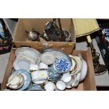 TWO BOXES OF CERAMICS AND METALWARE including Royal Doulton 'Reflections' tea wares, Rosina tea