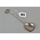 AN ARTS & CRAFTS SILVER SPOON BY A F JONES, scrolled terminal on a flattened handle, fig shaped hand