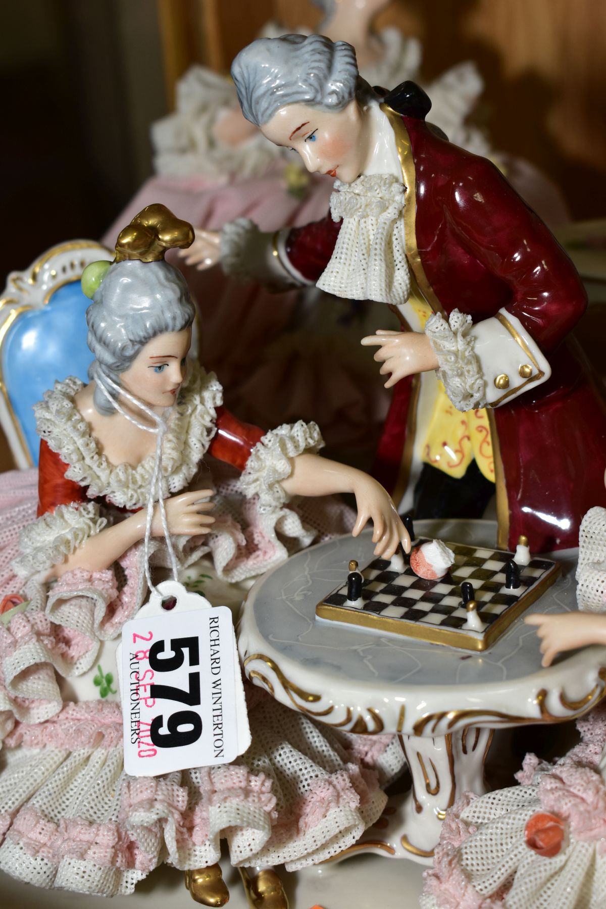 THREE MID 20TH CENTURY DRESDEN PORCELAIN LACE ENCRUSTED FIGURE GROUPS, comprising a chess scene, a - Bild 5 aus 11