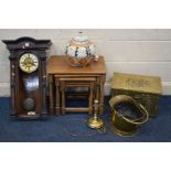 A DISTRESSED AND DISMANTLED VIENNA WALL CLOCK (losses) together with an oak nest of tables,