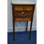 AN EARLY 20TH CENTURY OAK POT CUPBOARD, with white veined marble top, single drawer and ceramic