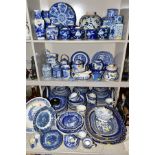 A QUANTITY OF BLUE AND WHITE DECORATED POTTERY AND PORCELAIN, including six Prunus blossom ginger