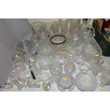 A COLLECTION OF CUT GLASS etc to include vases, bowls, decanters, jugs, storage jars, ornaments