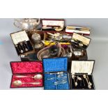 A BOX OF SILVER PLATE, etc including a Victorian silver butter knife, two plated tea pots, cased,