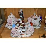 THREE MID 20TH CENTURY DRESDEN PORCELAIN LACE ENCRUSTED FIGURE GROUPS, comprising a chess scene, a