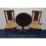 A PAIR OF EARLY 20TH CENTURY OAK ARTS AND CRAFTS RUSH SEATED CHAIRS, together with a Georgian and