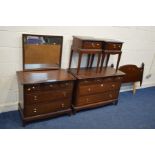 A STAG MINSTRAL SIX PIECE BEDROOM SUITE, comprising of a dressing chest with a single mirror, a