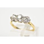 A NEARLY TO MID 20TH CENTURY THREE STONE DIAMOND RING, three transitional cut diamonds, measuring