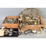 TWO BOXES OF SILVER PLATE, STAINLES STEEL ETC, including souvenir spoons, a small silver handled