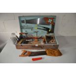 A CARPENTERS TOOLBOX containing hand tools including Spear and Jackson saws, a Footprint wood plane,