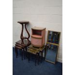 TWO VARIOUS MODERN MAHOGANY NEST OF THREE TABLES, a mahogany plant stand, two gilt wall mirrors