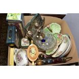 A BOX OF SUNDRY ITEMS to include a silver plated candelabrum, vintage liqueur glasses holder and