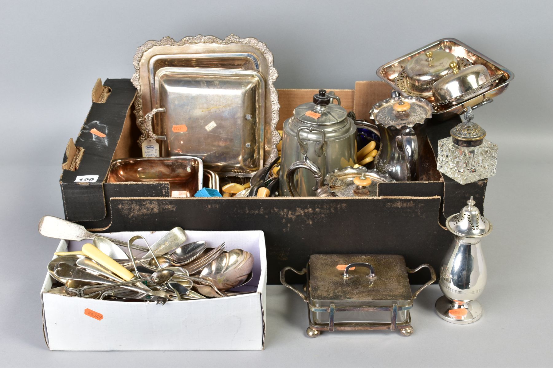 A BOX OF SILVER PLATE, ETC, including a pair of rectangular entree dishes, loose cutlery and