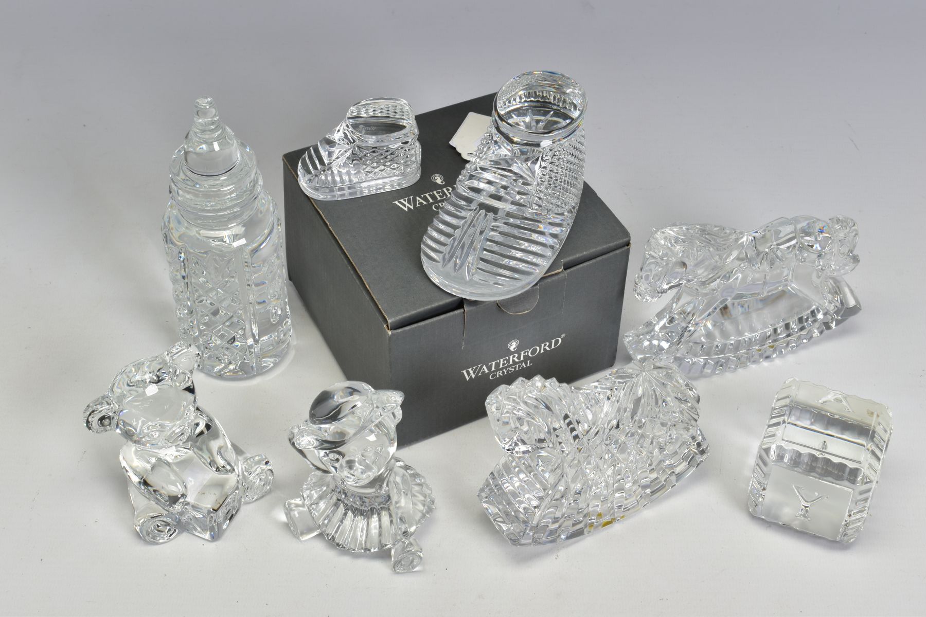 A GROUP OF WATERFORD CRYSTAL NURSERY RELATED ITEMS, comprising a boxed 'Baby Boot' length 10cm, a - Bild 2 aus 8