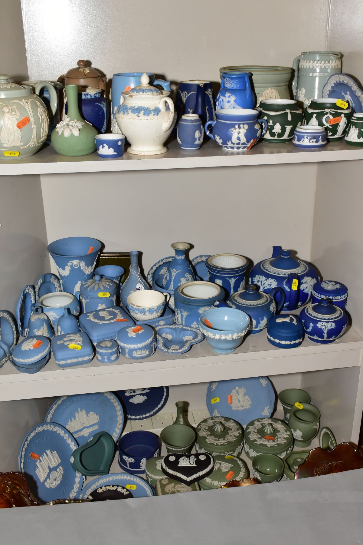 A COLLECTION OF WEDGWOOD JASPERWARE AND DUDSON JASPERWARE, including dark blue jasperware c1875