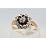 A 9CT GOLD DIAMOND AND SAPPHIRE CLUSTER RING, the tiered cluster set with a central single cut