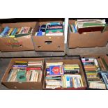 SIX BOXES OF BOOKS, including novels in dust wrappers, dictionaries, sheet music, bird book,