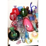 A GROUP OF COLOURED GLASSWARE to include Royal Brierley iridescent glass vase and bowl, magnor of