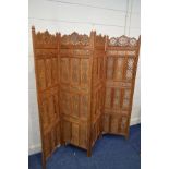 AN ANGLO INDIAN HARDWOOD FOUR FOLD FLOOR STANDING SCREEN, each panel width 51cm x overall width