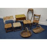 A BEECH RUSH SEATED CHILDS CHAIR, together with two wicker baskets, bamboo torchere stand and five