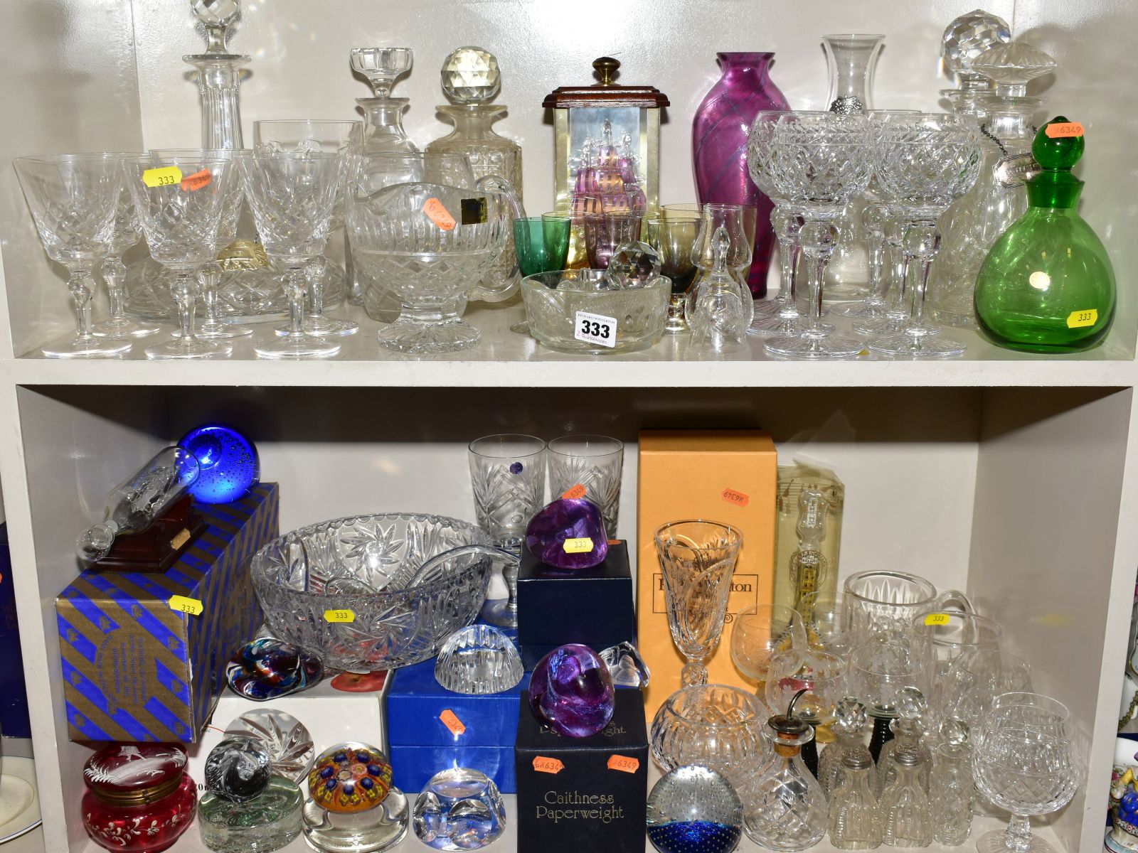 A COLLECTION OF GLASSWARE, including Sturart Crystal, cut glass decanter, boxed Jobling glass ship