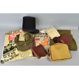 A BOX CONTAINING A NUMBER OF MILITARY RELATED ITEMS to include WWII era uniform trousers and ARP