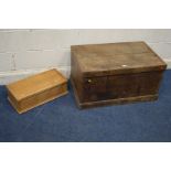 AN EARLY 20TH CENTURY OAK TOOL CHEST, width 84cm x depth 52cm x height 45cm together with a small