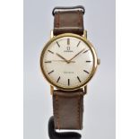 A HAND WOUND 9CT GOLD CASED OMEGA GENEVE WRISTWATCH, silver dial, baton markers, gold coloured