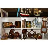 A COLLECTION OF TREEN AND MISCELLANEOUS ITEMS, including modern novelty boxes, a cuckoo clock,