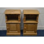 A PAIR OF PINE BEDSIDE CABINETS with single cupboard doors, width 46cm x depth 32cm x height 76cm