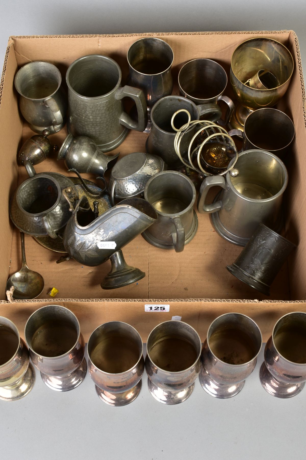 A BOX OF SILVER PLATE AND PEWTER, including tankards, goblets, etc - Image 3 of 4