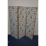 A VINTAGE TRIPLE FLOOR STANDING SCREEN, each panel with multiple bird and duck prints, width of each