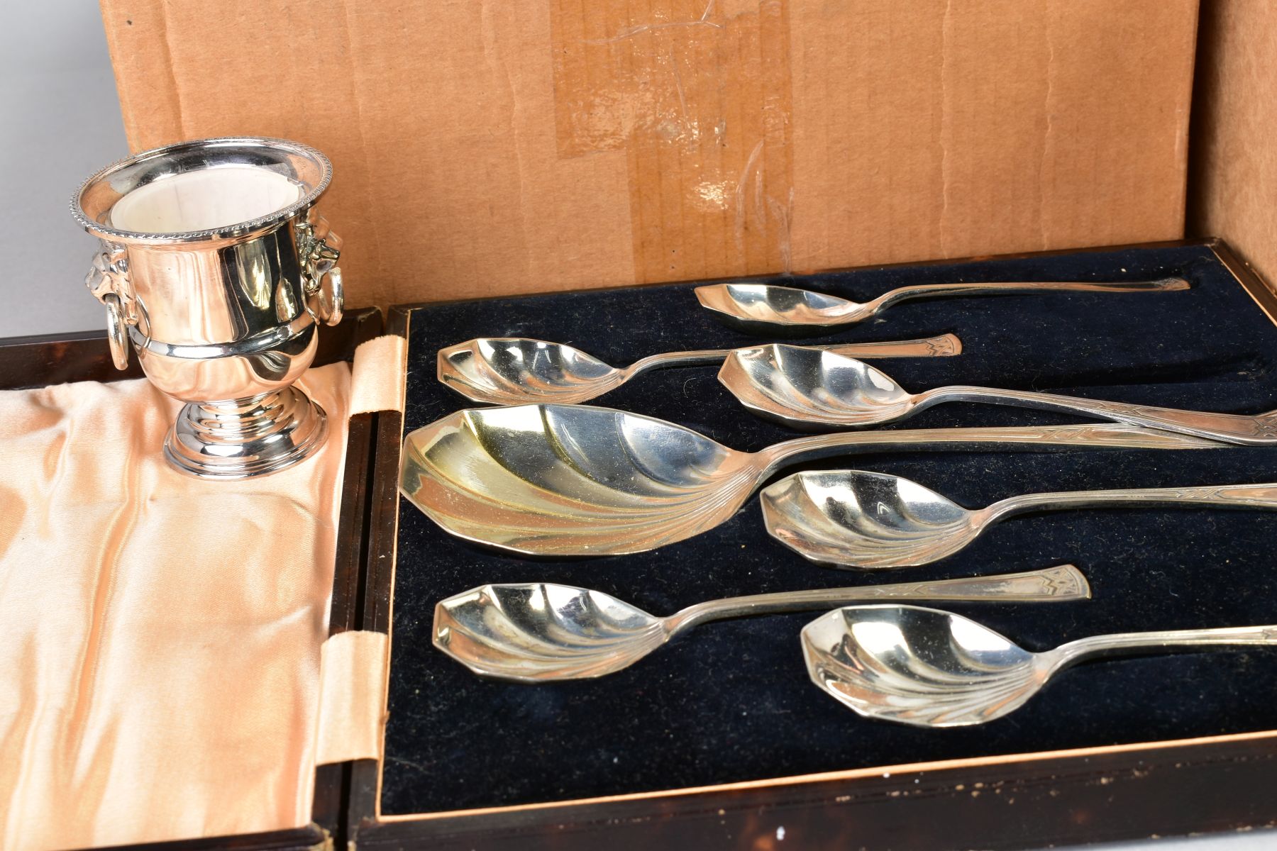 TWO BOXES OF SILVER PLATE, STAINLES STEEL ETC, including souvenir spoons, a small silver handled - Image 4 of 7