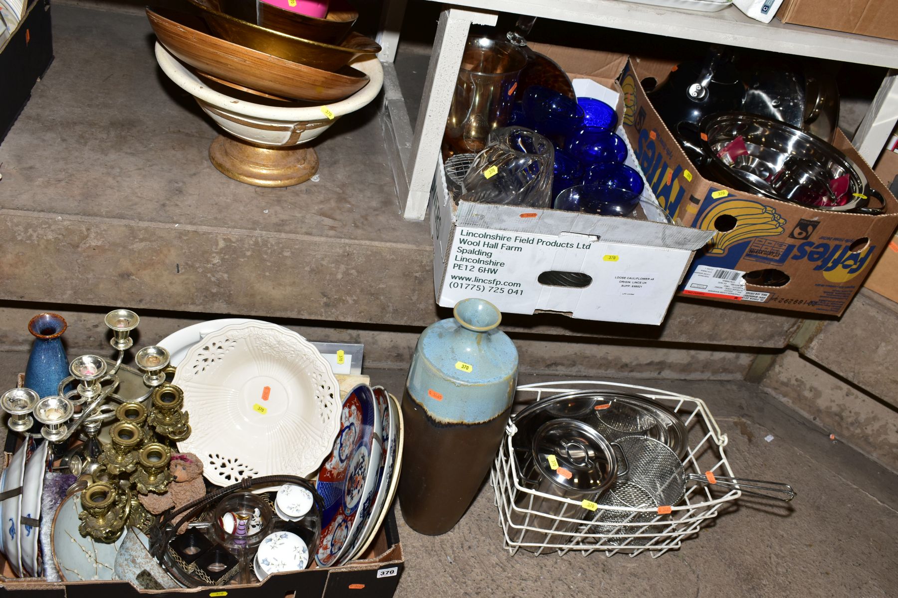 THREE BOXES, A BASKET AND LOOSE CERAMICS, GLASSWARE, KITCHENALIA, METALWARE, including a Webb