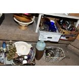 THREE BOXES, A BASKET AND LOOSE CERAMICS, GLASSWARE, KITCHENALIA, METALWARE, including a Webb