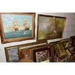 PAINTINGS, PRINTS AND MIRRORS ETC, to include a maritime sea battle oil on canvas, signed Voss dated