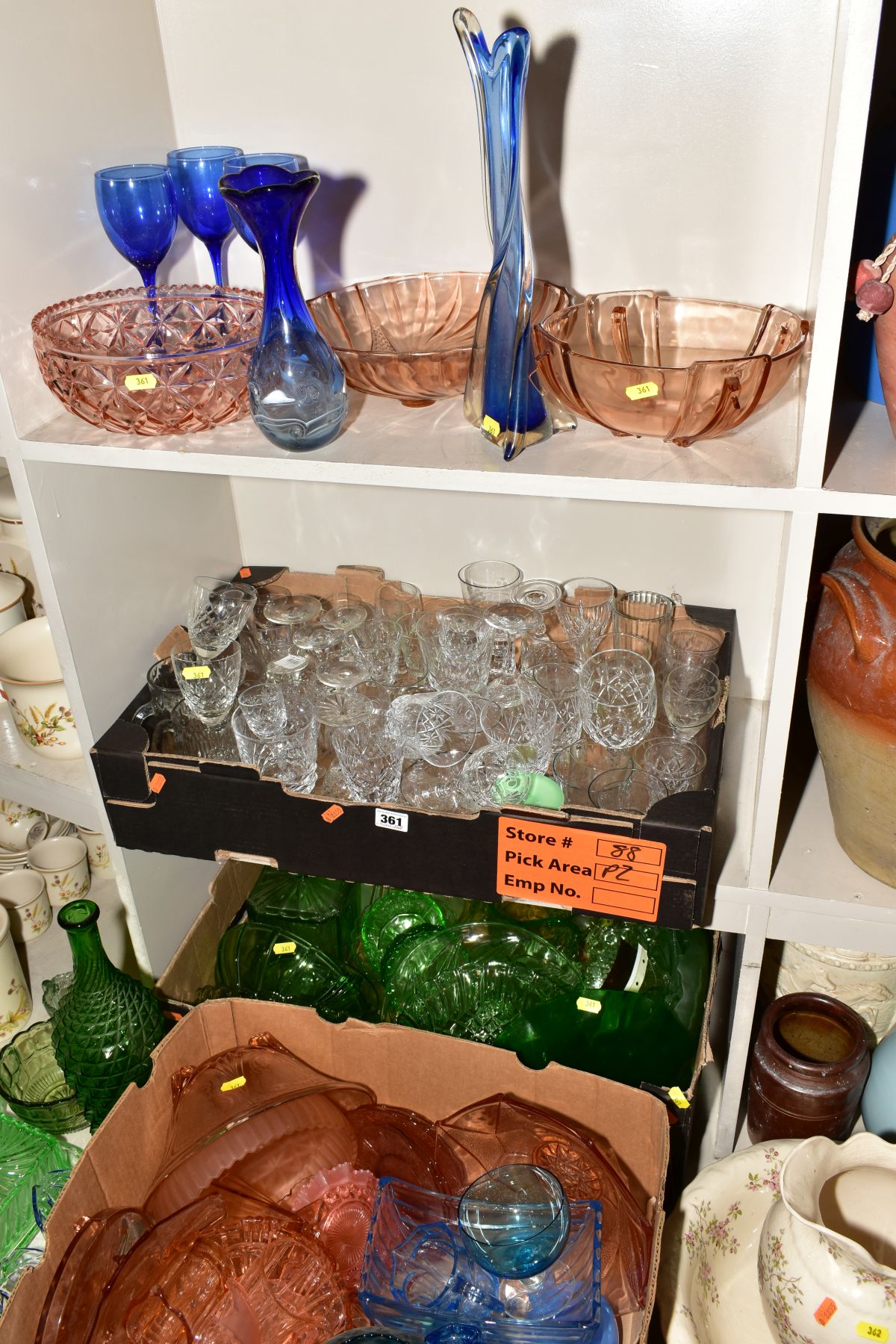 THREE BOXES AND LOOSE OF COLOURED GLASS AND CUT GLASS, including pressed glass in green, pink and