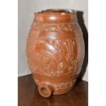 A VICTORIAN STONEWARE BARREL applied decoration of Royal Arms, Lions, fruiting vine etc lacks cover,