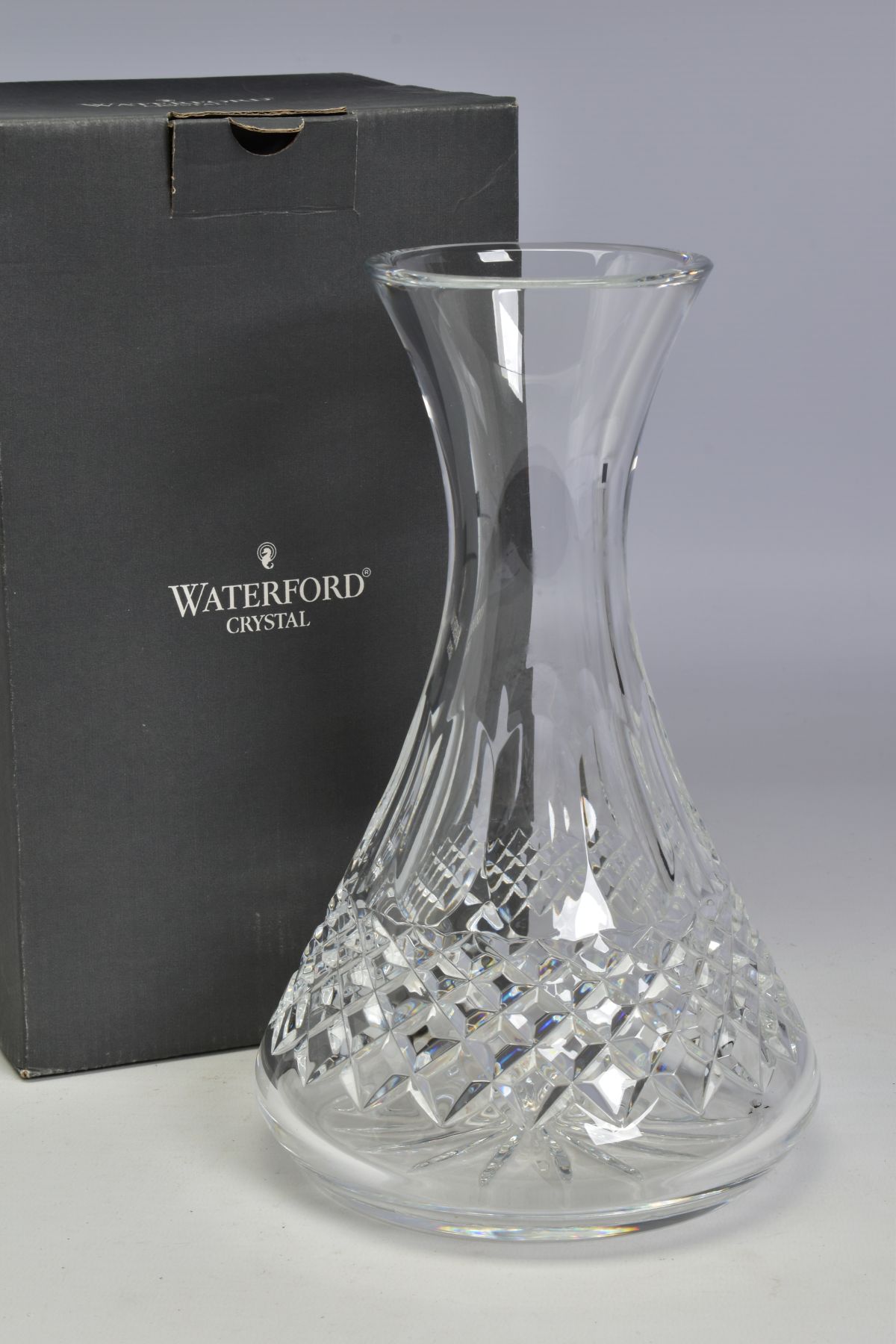 A BOXED WATERFORD CRYSTAL COLLEEN CARAFE, stamped to base, height 23cm