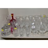 A COLLECTION OF DRINKING GLASSES AND OTHER GLASSWARE, including a pair of Cranberry glass vases with